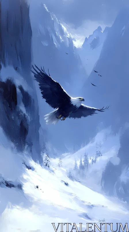 Eagle in Flight Over Snowy Peaks AI Image