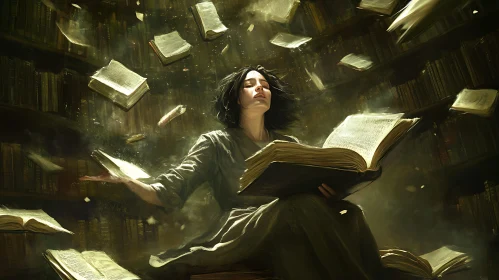 Woman Reading in Magical Library