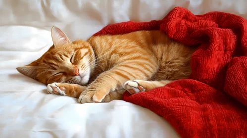 Serene Ginger Cat Sleeping Wrapped in Red