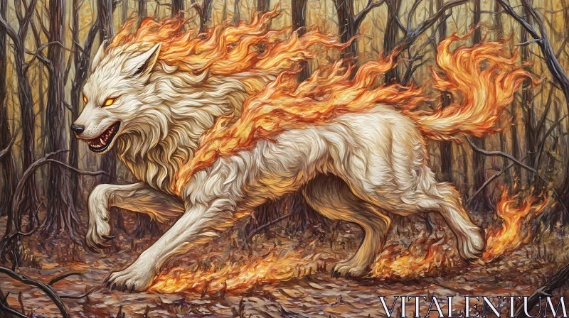 Fire Wolf Running Through a Burning Forest AI Image