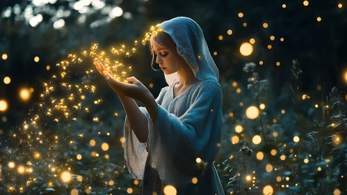 Hooded Figure with Magical Lights