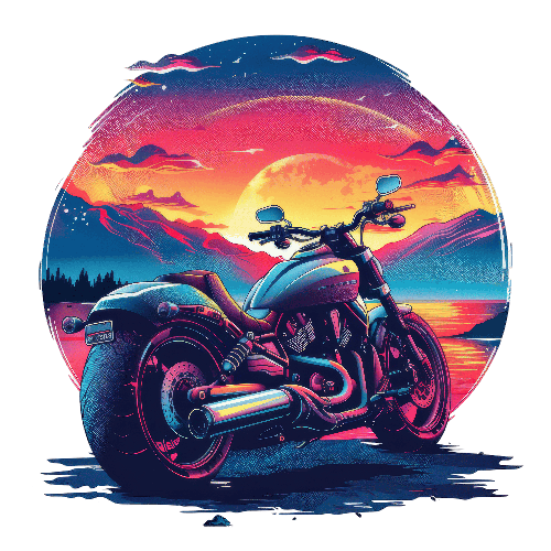 POD Design Black Motorcycle with Sunset and Mountain Background