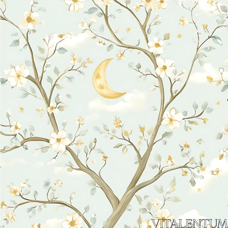 Delicate Tree Branches and Golden Moon AI Image