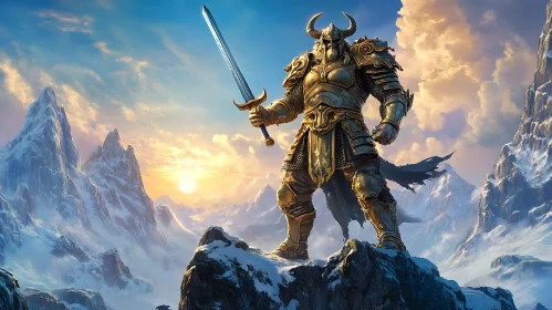 Armored Warrior with Sword on Mountain