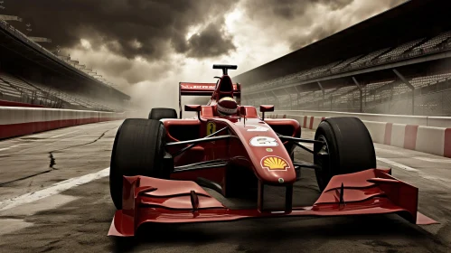 Crimson Racing Car on Track in the Rain Wallpaper