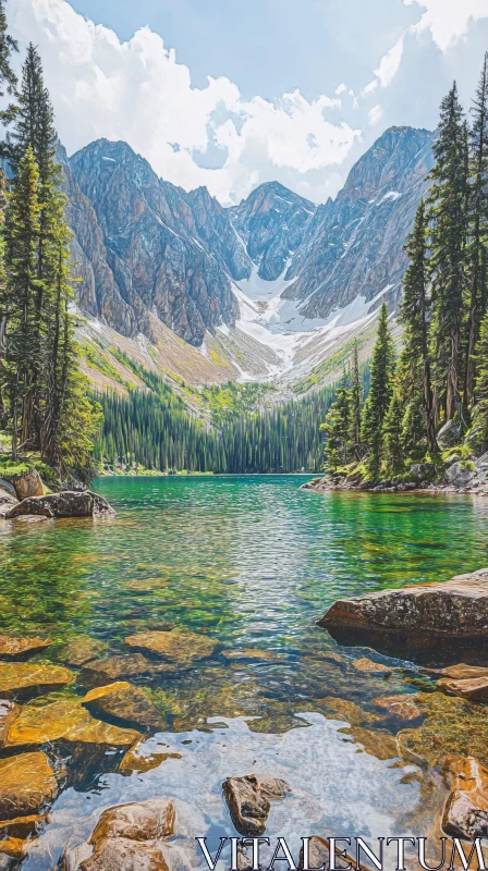 Mountain Lake with Clear Water and Snowy Mountains AI Image