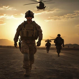 Military Men in Desert at Sunset