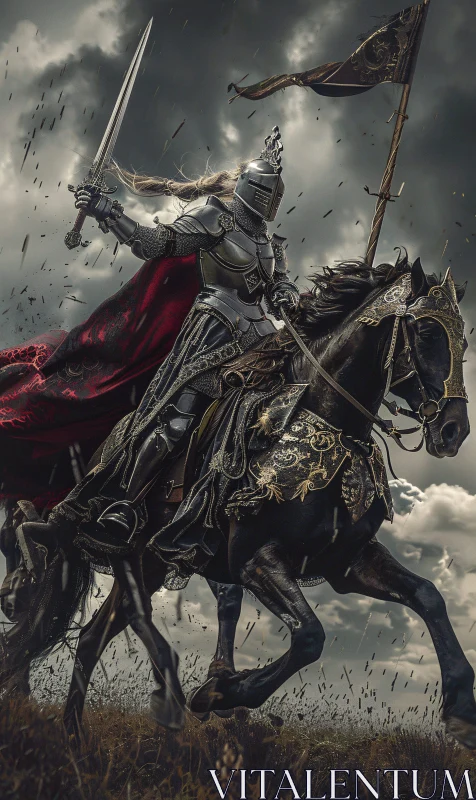 AI ART Armored Knight Riding Horse, Sword Raised