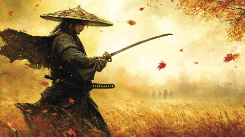 Lone Samurai with Katana in Field