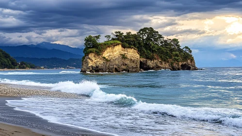 Coastal Island with Waves and Dramatic Sky