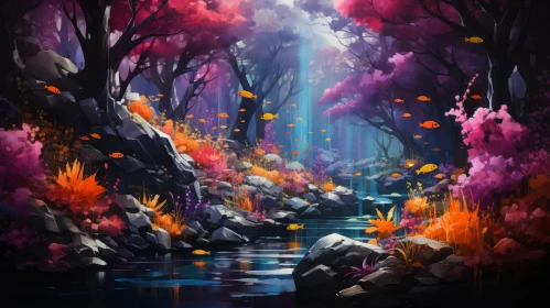 Enchanting Forest Painting with Purple Trees and Waterfall