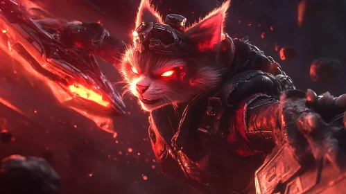 Red-Eyed Cat Warrior with Glowing Weapon