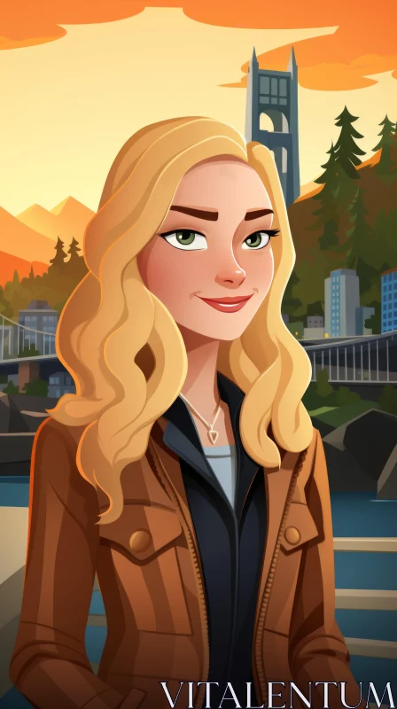 Girl in Brown Jacket Standing in Front of City - 2D Game Art AI Image