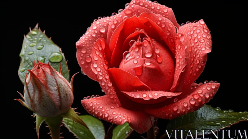 Intimate Nature Scene: Red Roses with Raindrops on Black Background AI Image