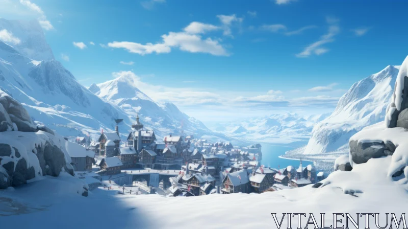 Snowy Cityscape with Mountain and Train View AI Image