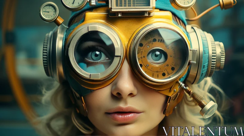 Steampunk Woman Portrait in Teal and Yellow Tones AI Image