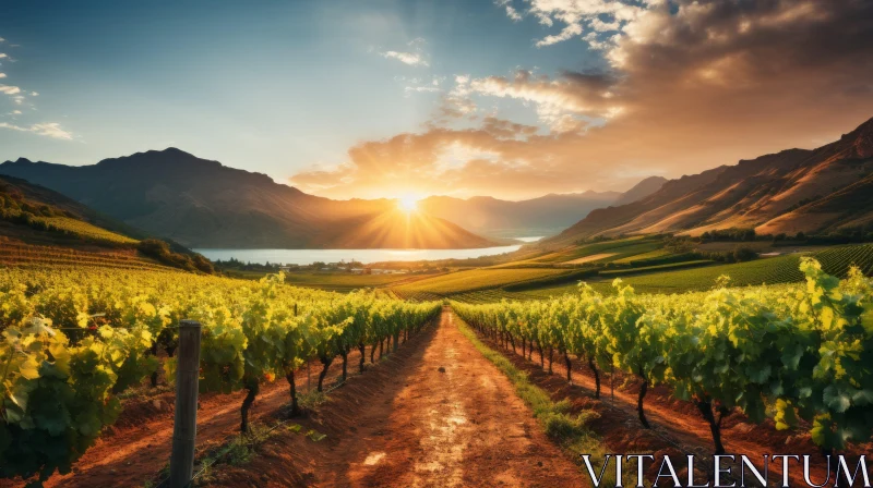 Sunset Over Vineyards and Mountains - A Nature Inspired Landscape AI Image