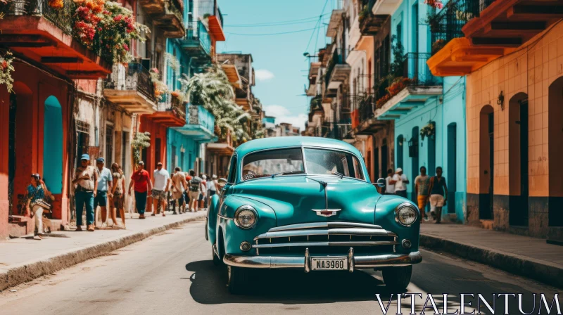 Vintage Blue Car in Havana - Earthy Color Palette AI Image