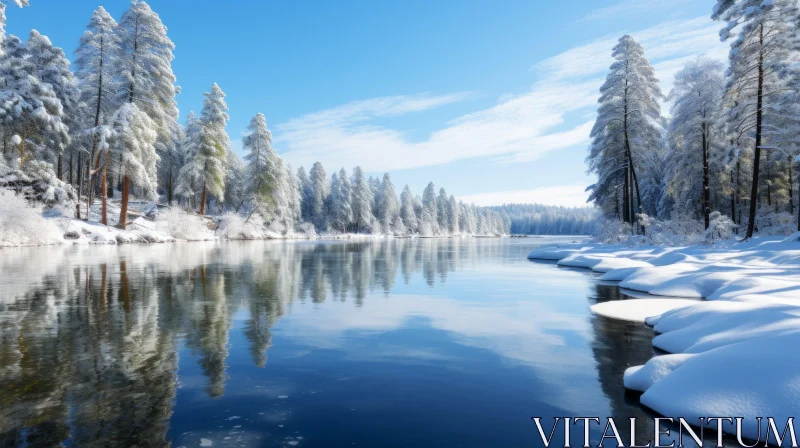 Winter River Landscape with Snow Reflections AI Image