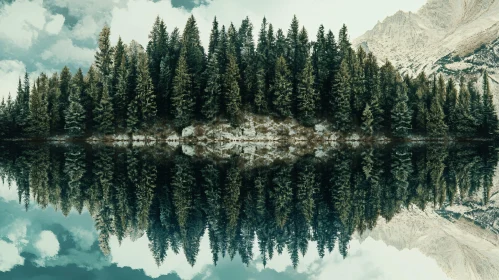 Mirror Lake Reflection with Pine Forest and Mountains