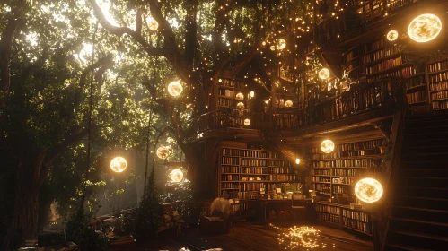 Whimsical Treehouse Library with Glowing Orbs