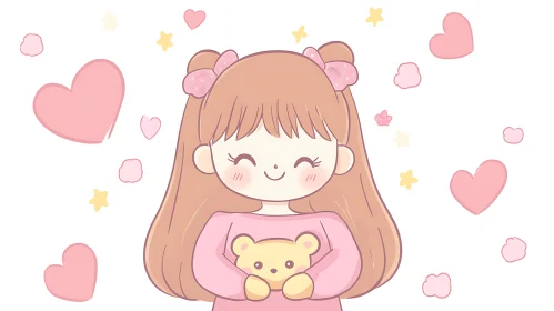 Cute Cartoon Girl Hugging Teddy Bear