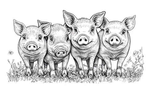 Cute Piglets in Floral Field Illustration