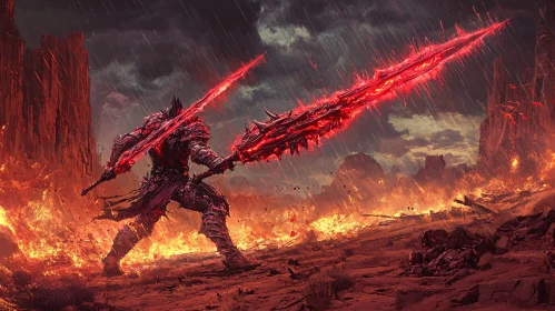 Warrior with Red Swords in Burning Landscape