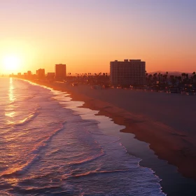 Beach at Sunset with City Skyline