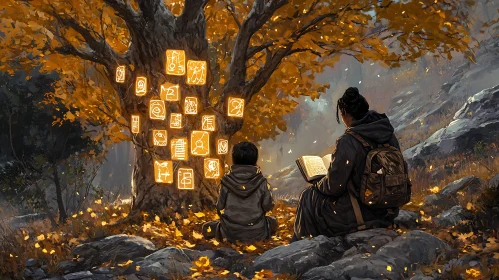 Mother and Child Reading by Magic Tree