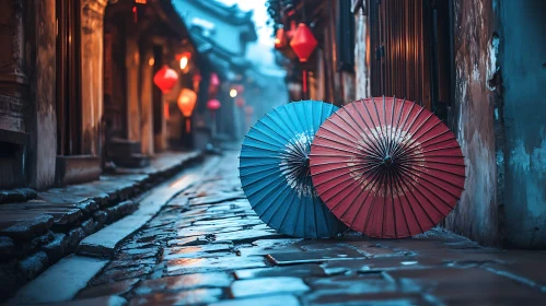 Colorful Umbrellas on a Wet Asian Street