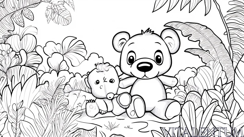 Cute Cartoon Bear and Toy in Lush Jungle AI Image