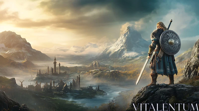 Fantasy Warrior in Mountainous Landscape AI Image