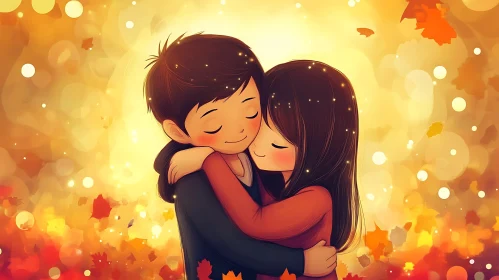 Cartoon Couple Embracing in Autumn