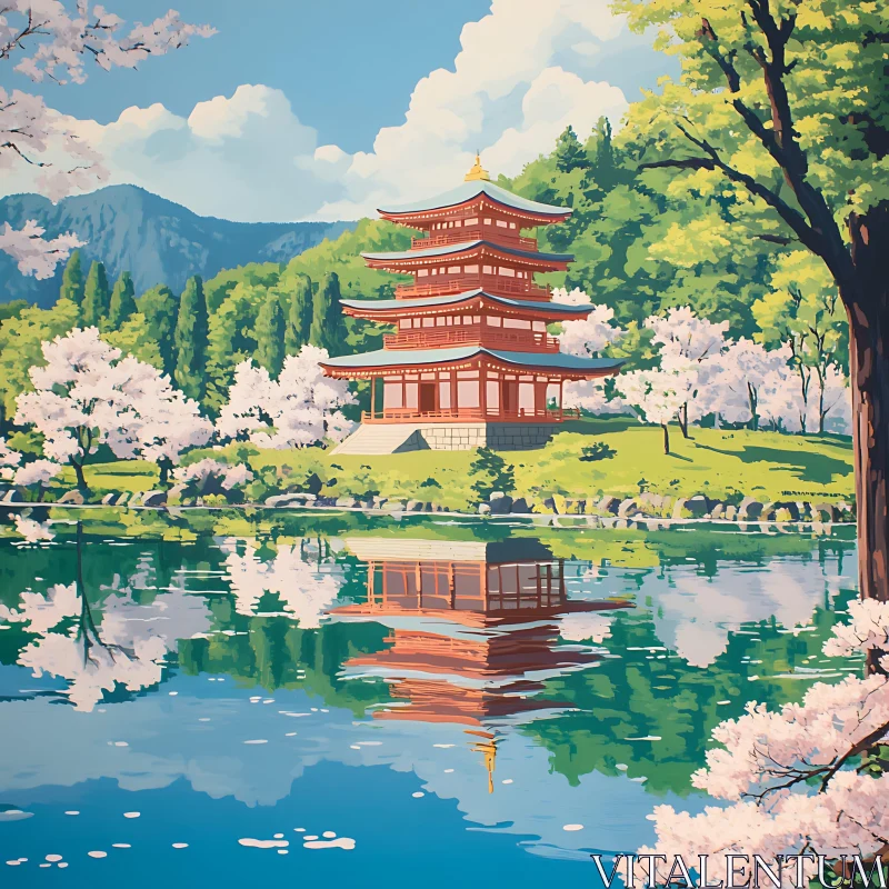 Peaceful Pagoda Scene with Sakura and Water AI Image