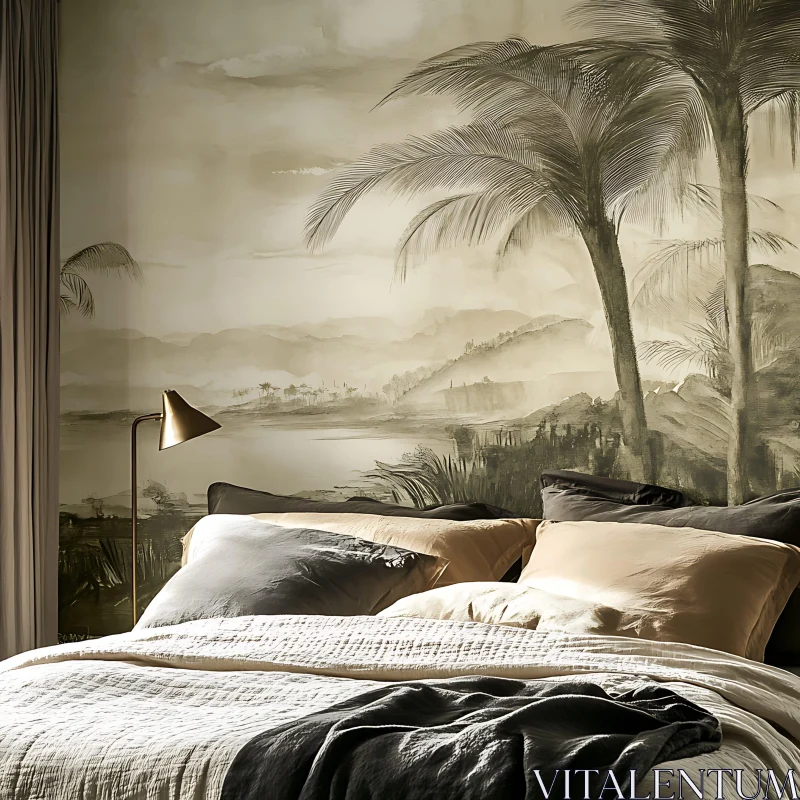 Relaxing Bedroom with Palm Tree Wall Art AI Image