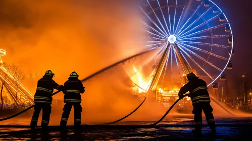 Nighttime Ferris Wheel Firefighting Scene