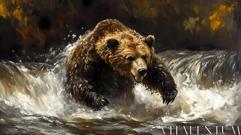 Wild Bear in Waterfall Artwork AI Image