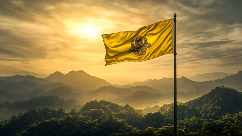 Mountain Range Sunset with Golden Flag