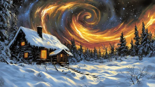 Snowy Cabin at Night