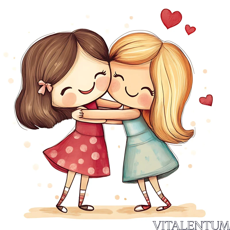 Cartoon Girls Affectionate Embrace Artwork AI Image