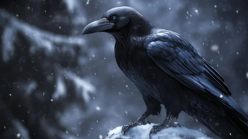Black Raven Perched in Winter Snowfall