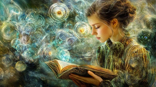 Woman Reading Book with Swirling Lights