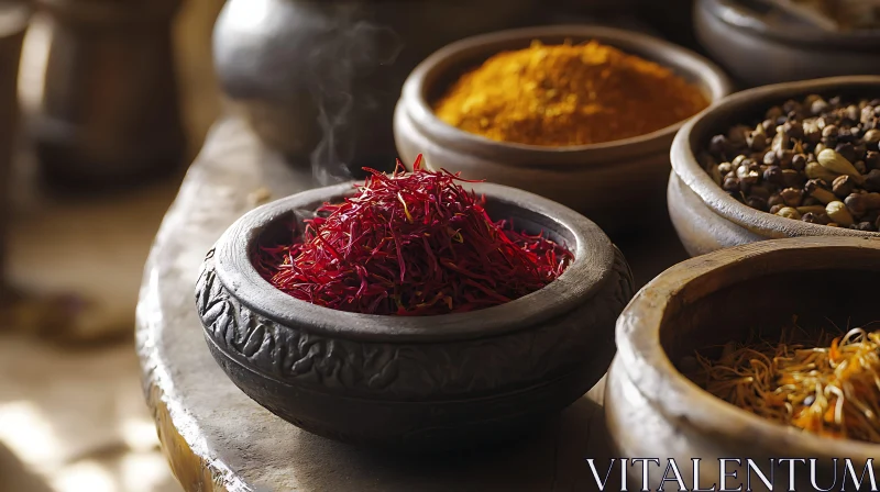 Rustic Bowls of Saffron and Spices AI Image