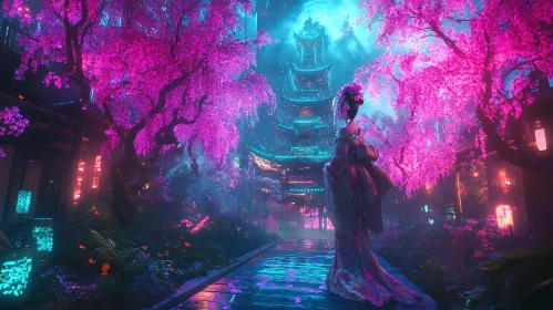 Japanese Garden with Geisha and Pagoda