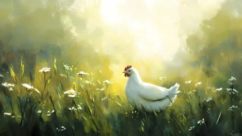 Chicken in Sunlit Field