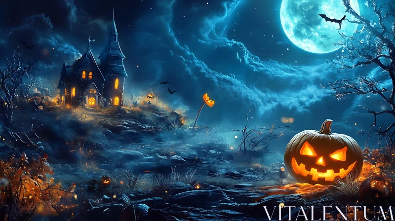 Halloween Night Scene with Pumpkin and Moon AI Image