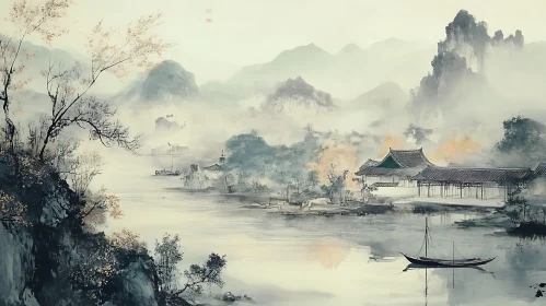 Misty Mountain Lake Scene