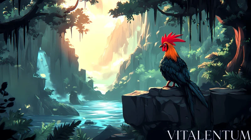 AI ART Majestic Rooster by a Forest Stream