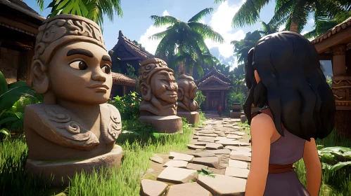 Woman Gazing at Statues in Tropical Setting